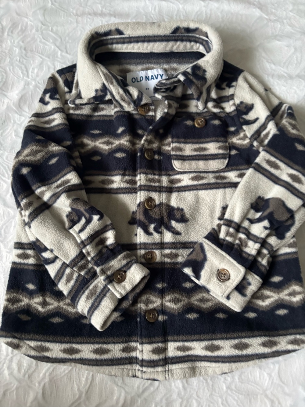 Old Navy Beige, Navy & Brown Bear-Pattern Fleece Shirt Jacket